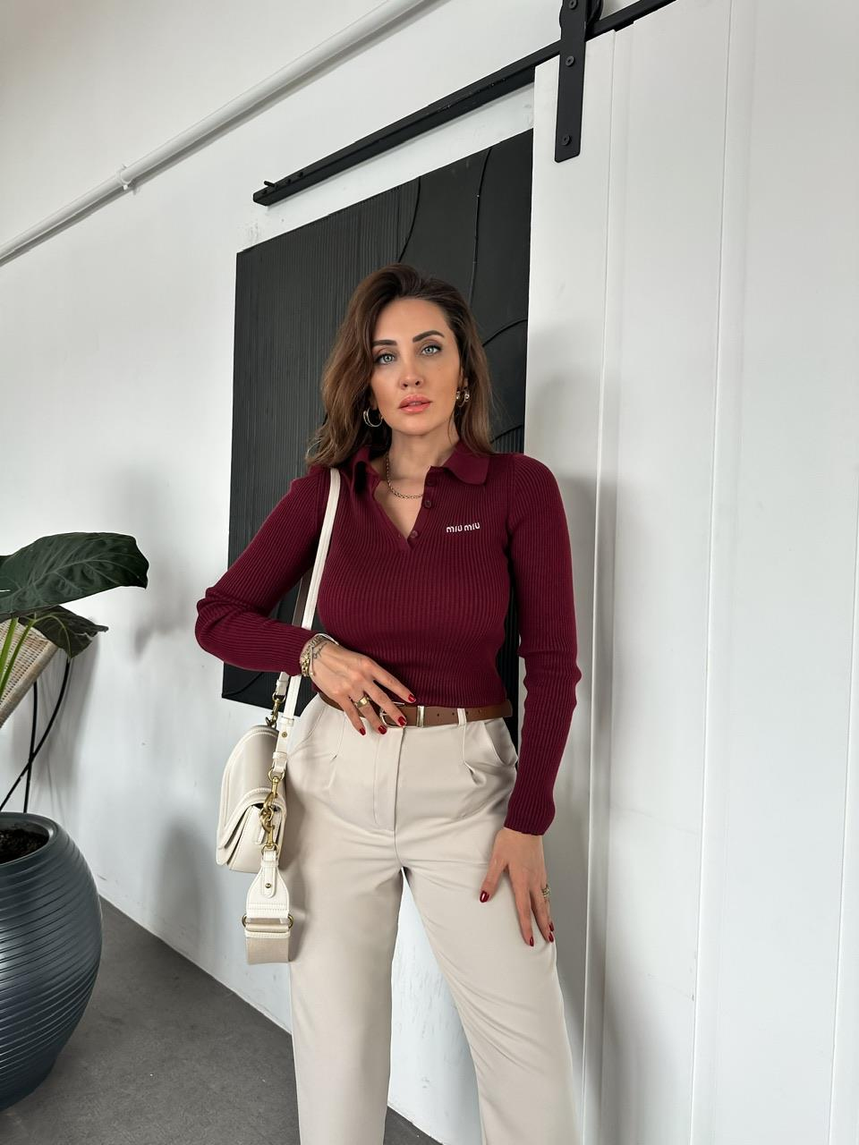 Bordo Polo Yaka Miu Kazak