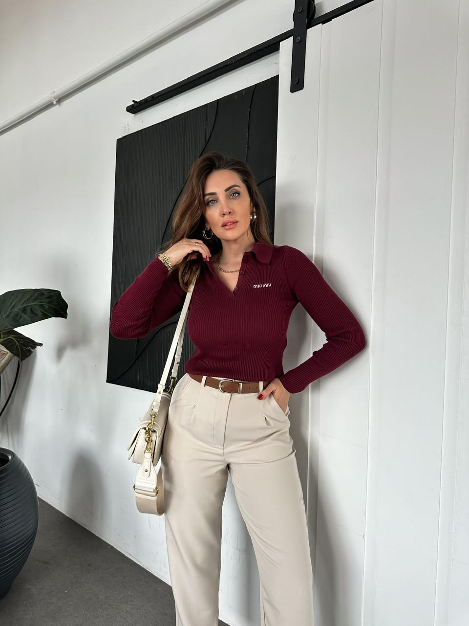 Bordo Polo Yaka Miu Kazak