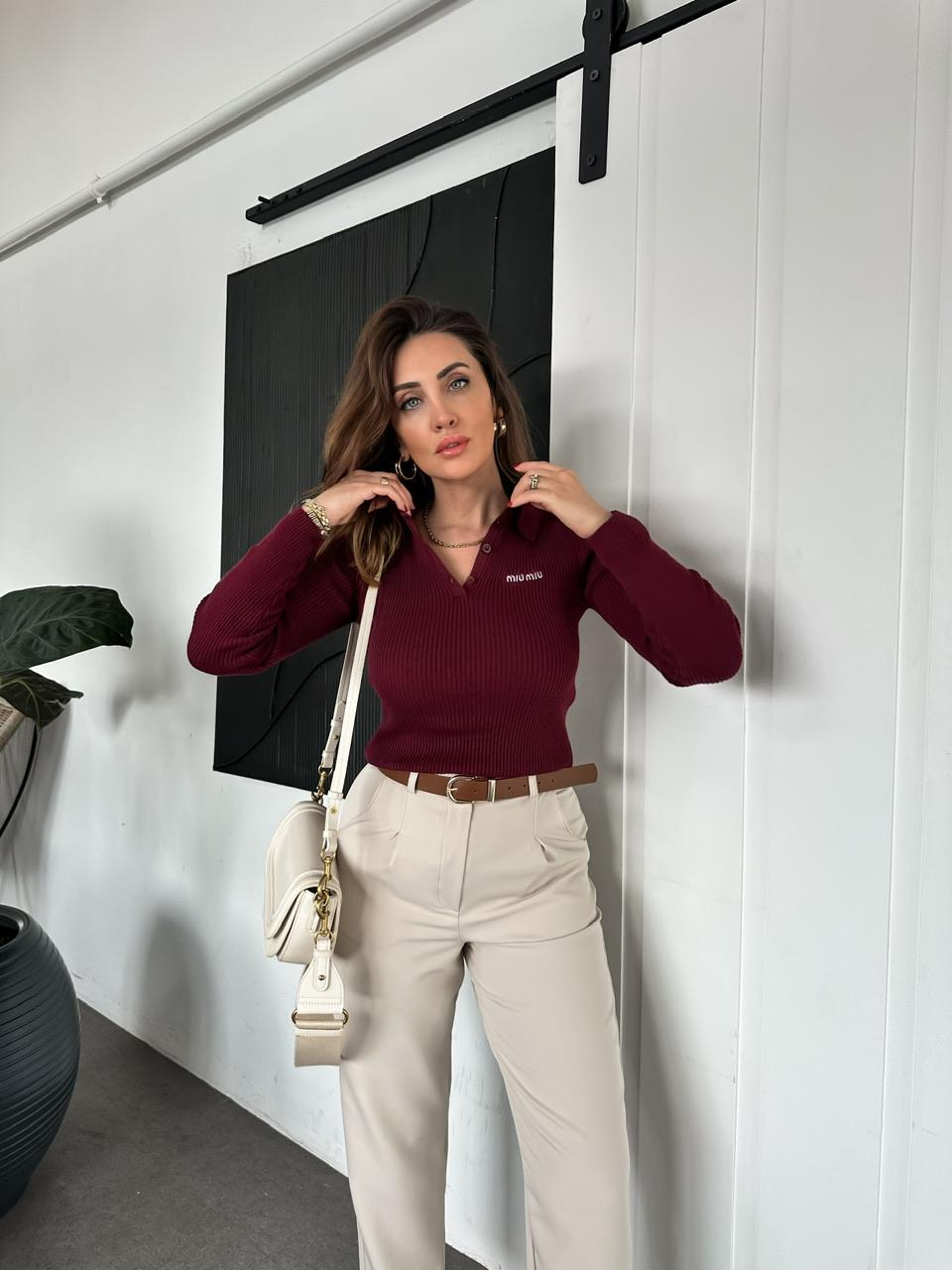 Bordo Polo Yaka Miu Kazak