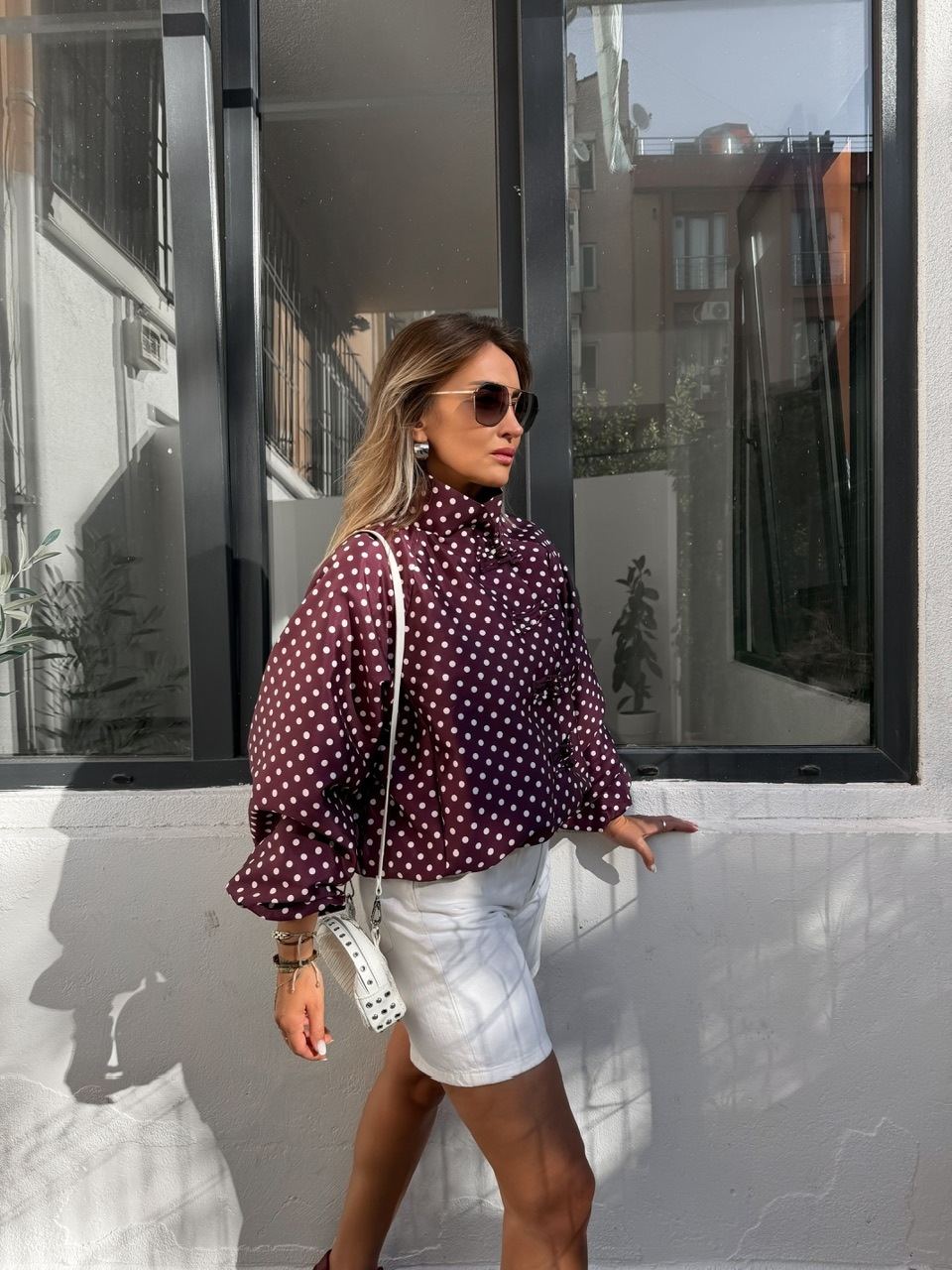 Bordo Puantiyeli Bomber Ceket