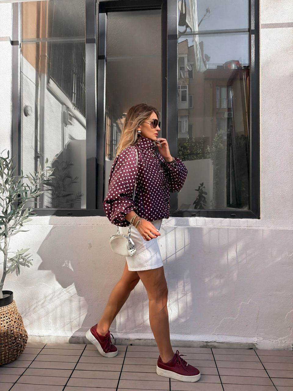 Bordo Puantiyeli Bomber Ceket