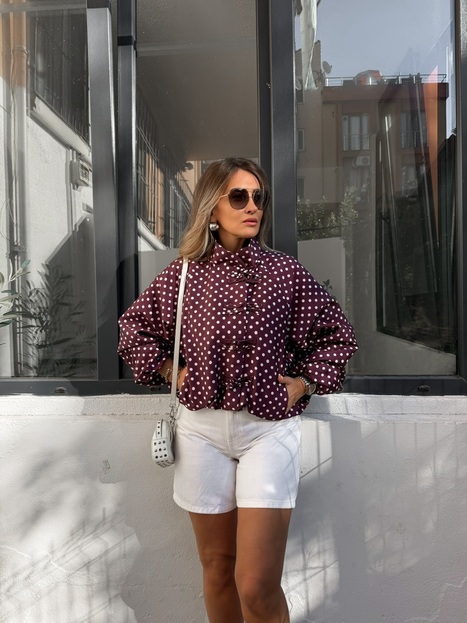 Bordo Puantiyeli Bomber Ceket