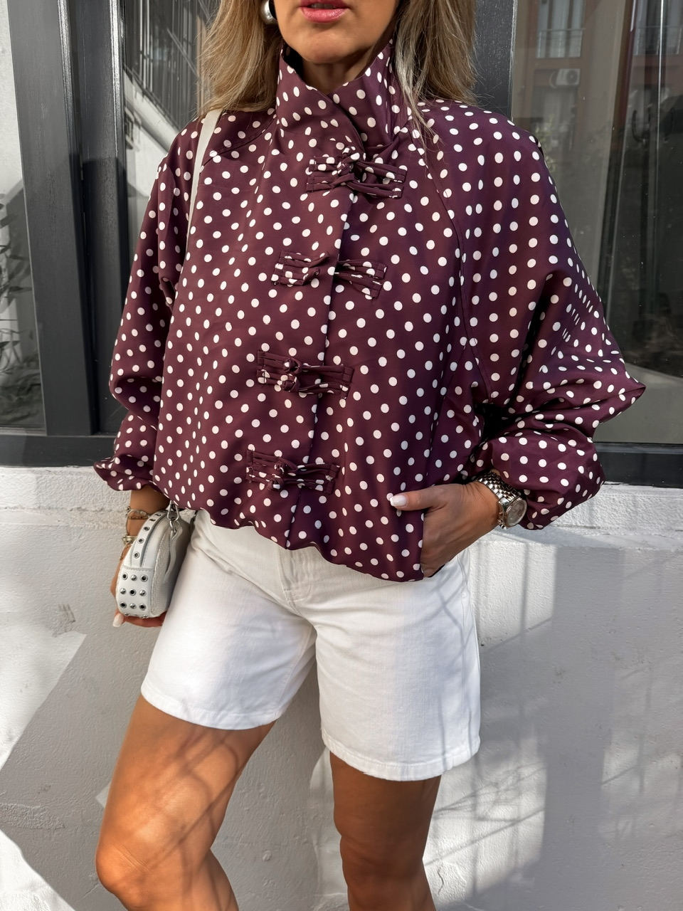 Bordo Puantiyeli Bomber Ceket
