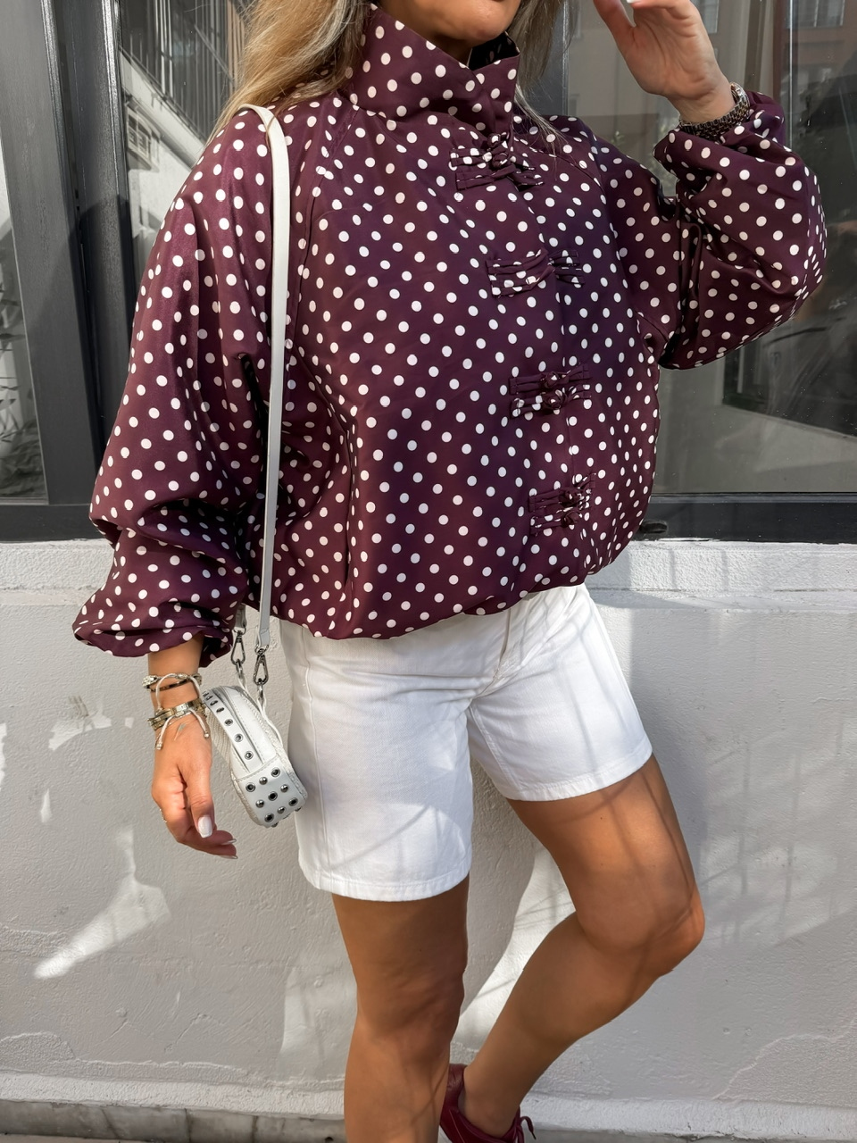 Bordo Puantiyeli Bomber Ceket