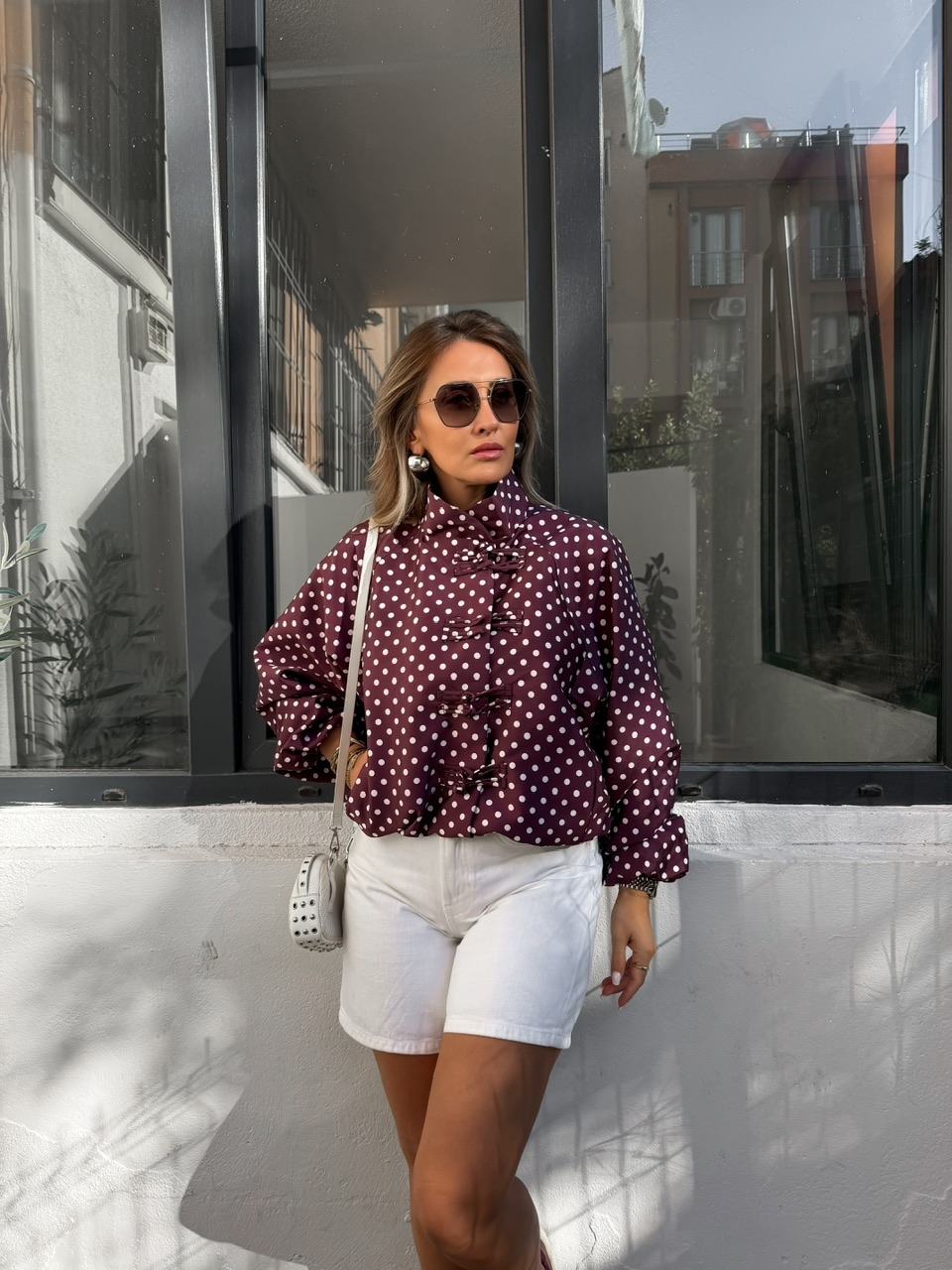 Bordo Puantiyeli Bomber Ceket