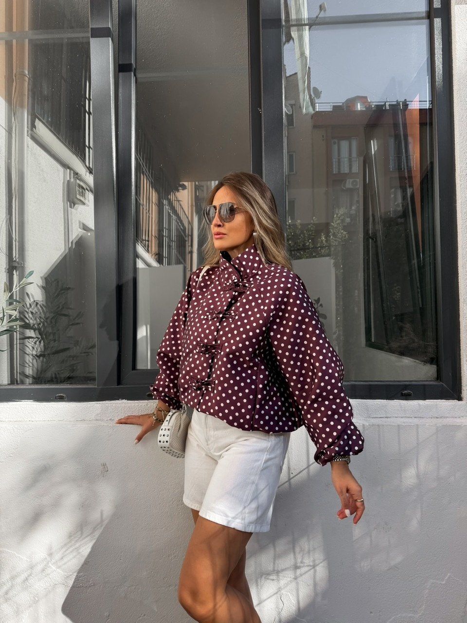 Bordo Puantiyeli Bomber Ceket