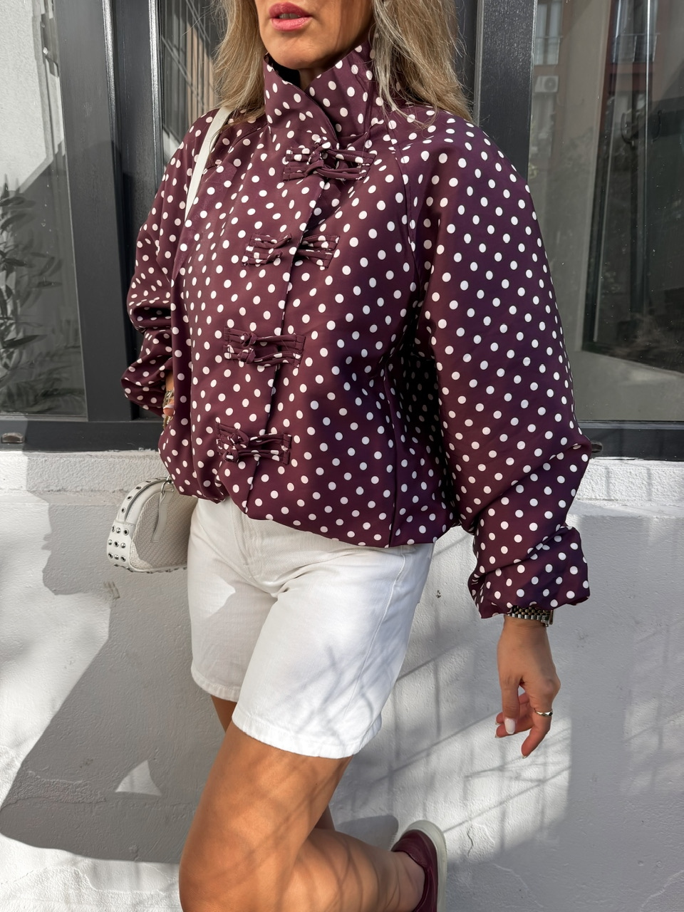 Bordo Puantiyeli Bomber Ceket