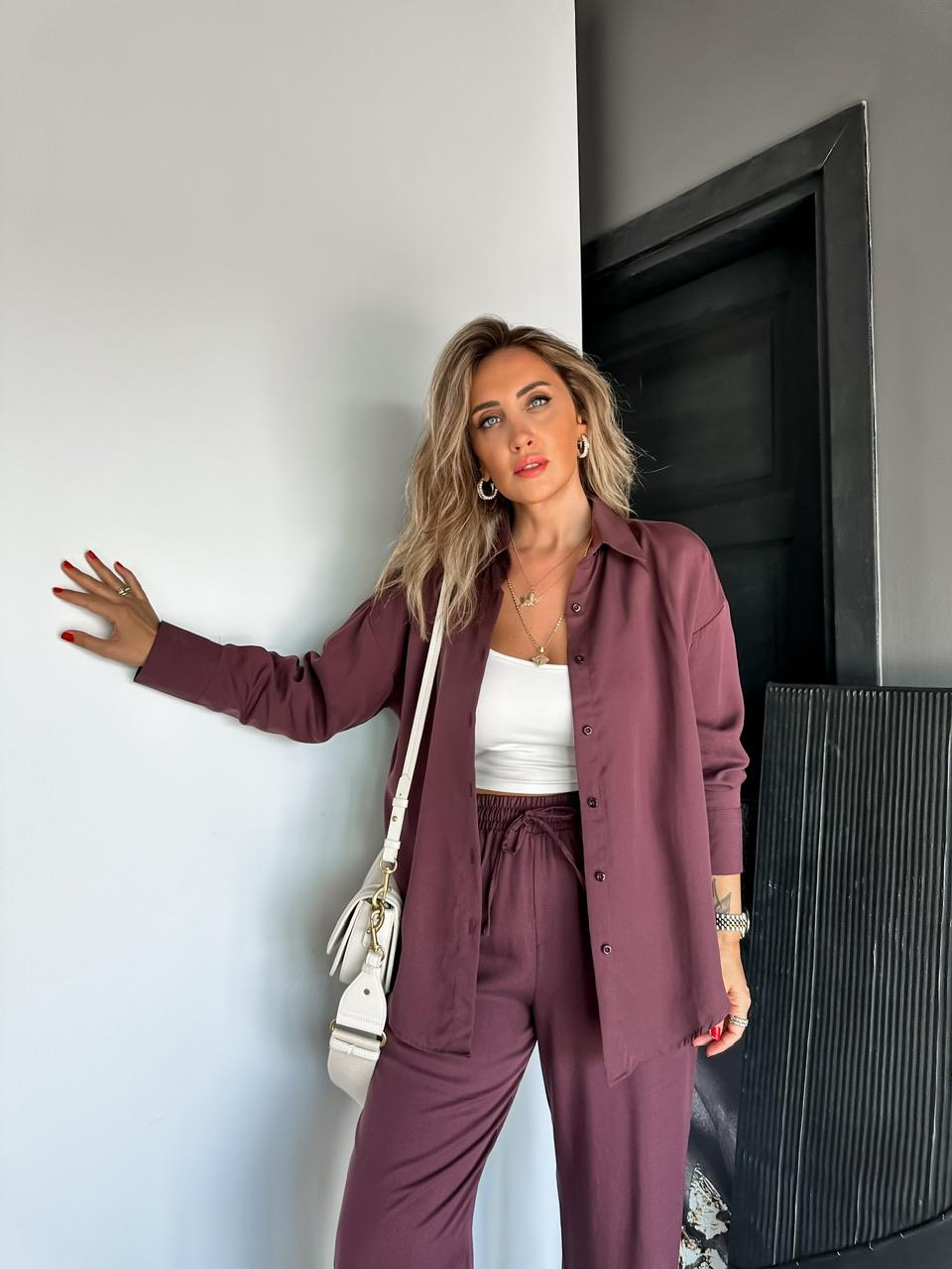 Bordo Relax Gömlek Pantolon Takım