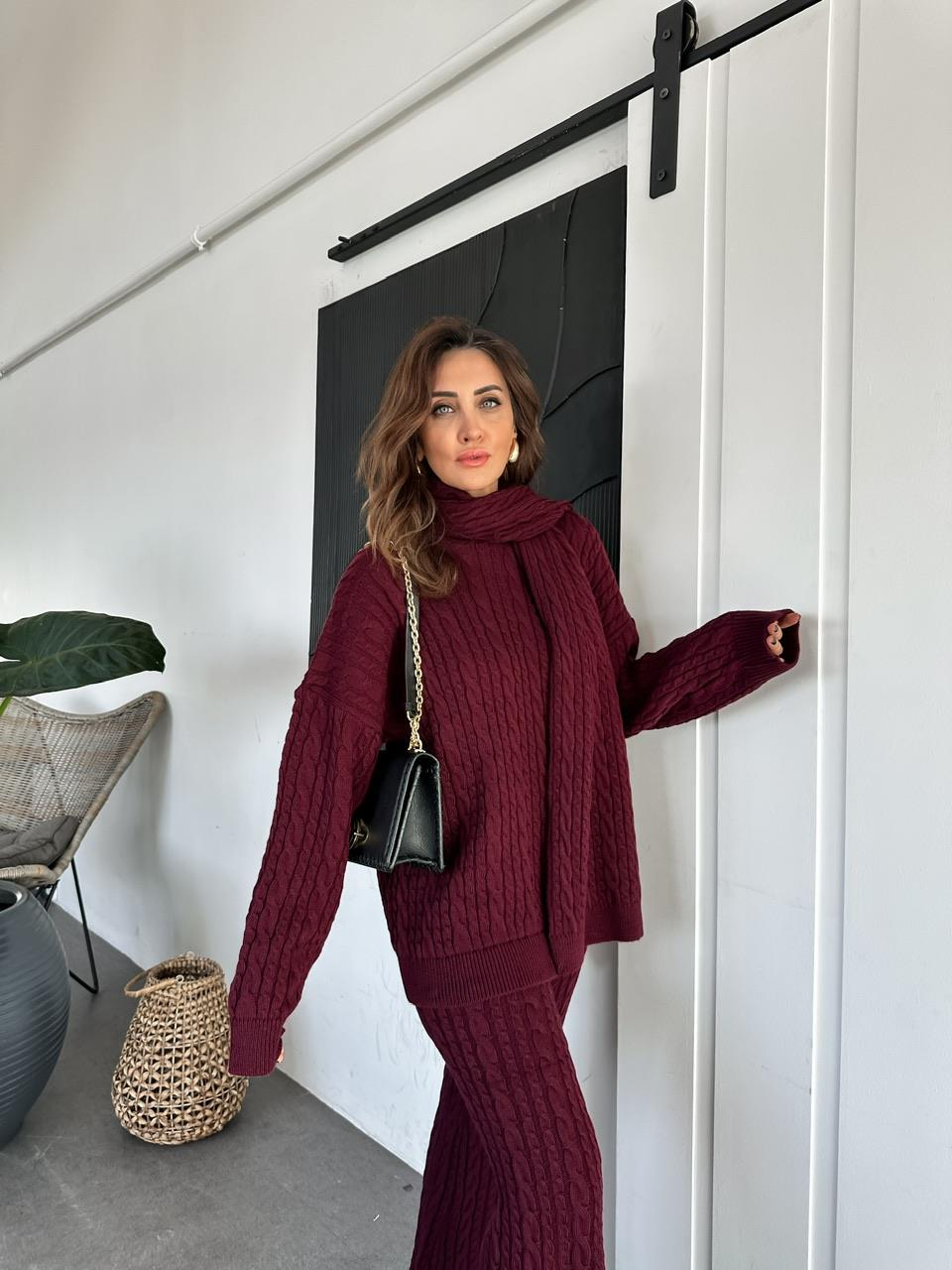 Bordo Saç Örgülü Atkılı Takım