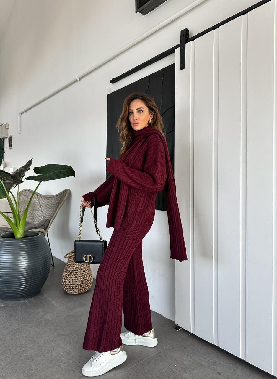 Bordo Saç Örgülü Atkılı Takım