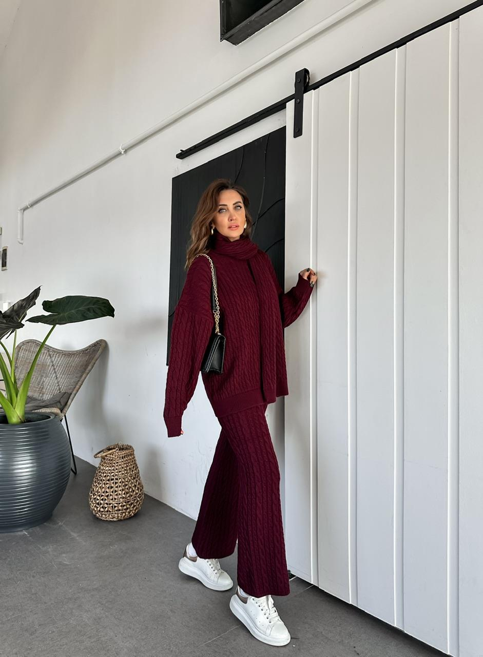 Bordo Saç Örgülü Atkılı Takım