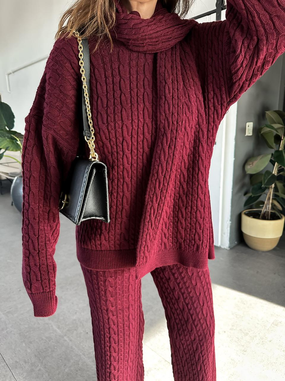 Bordo Saç Örgülü Atkılı Takım