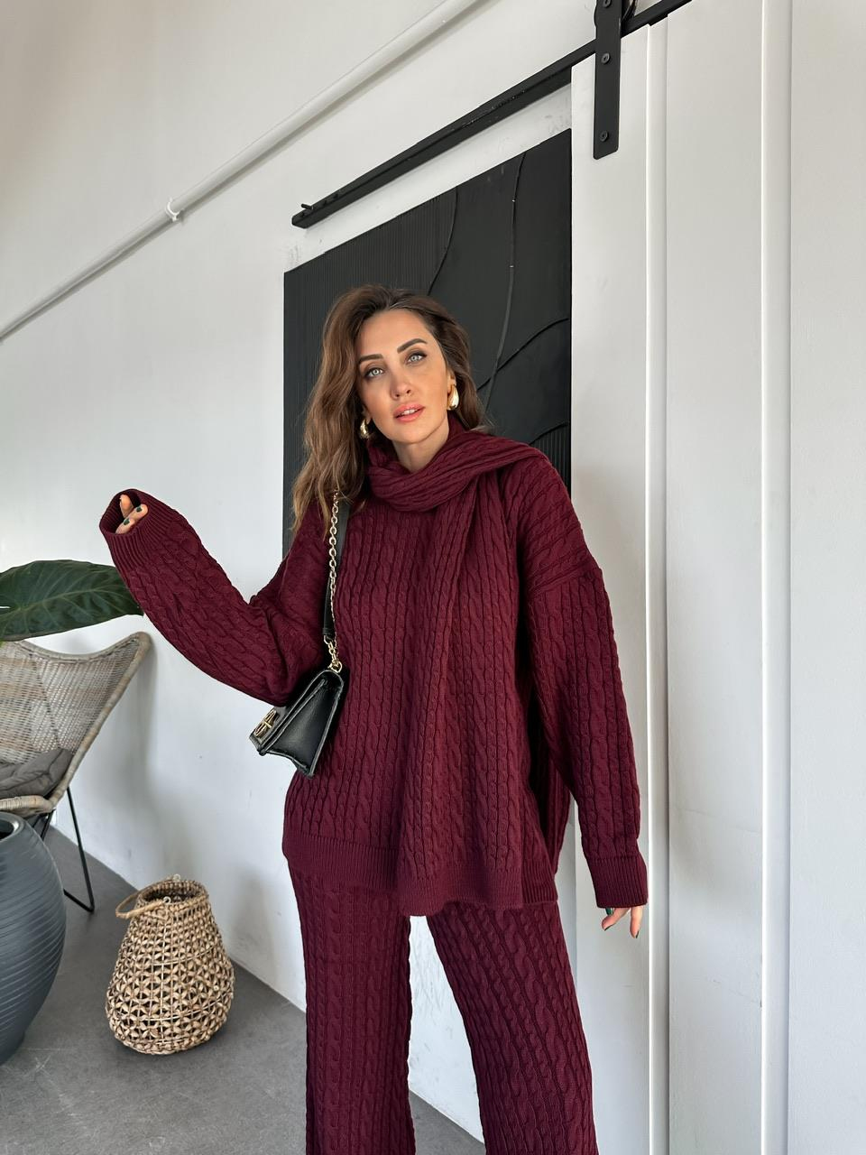 Bordo Saç Örgülü Atkılı Takım