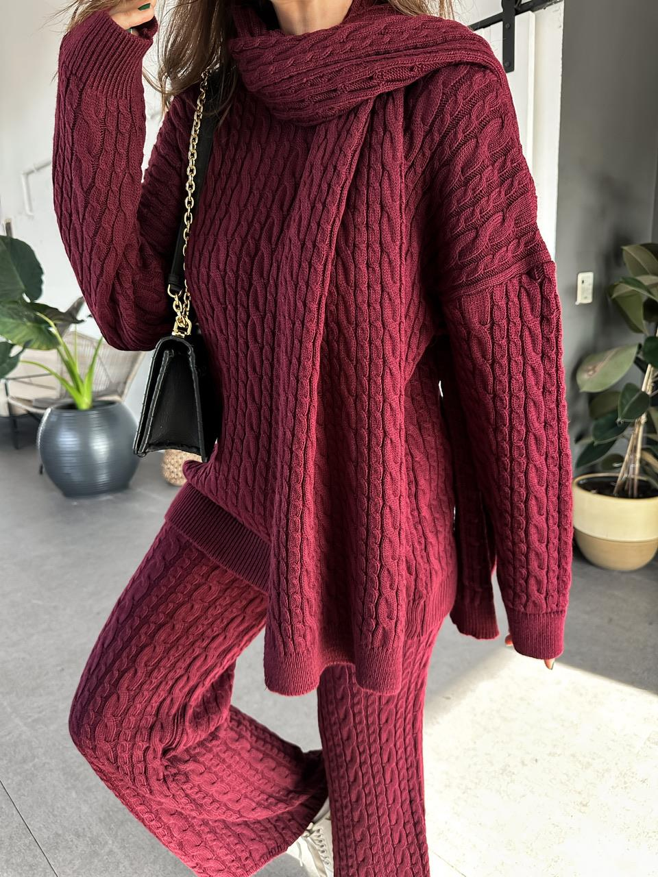 Bordo Saç Örgülü Atkılı Takım