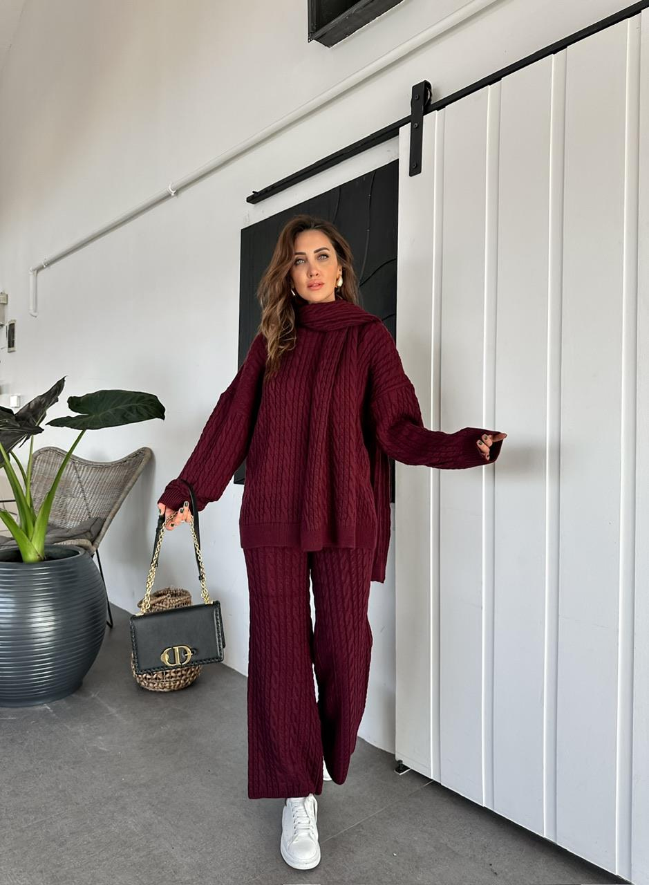 Bordo Saç Örgülü Atkılı Takım