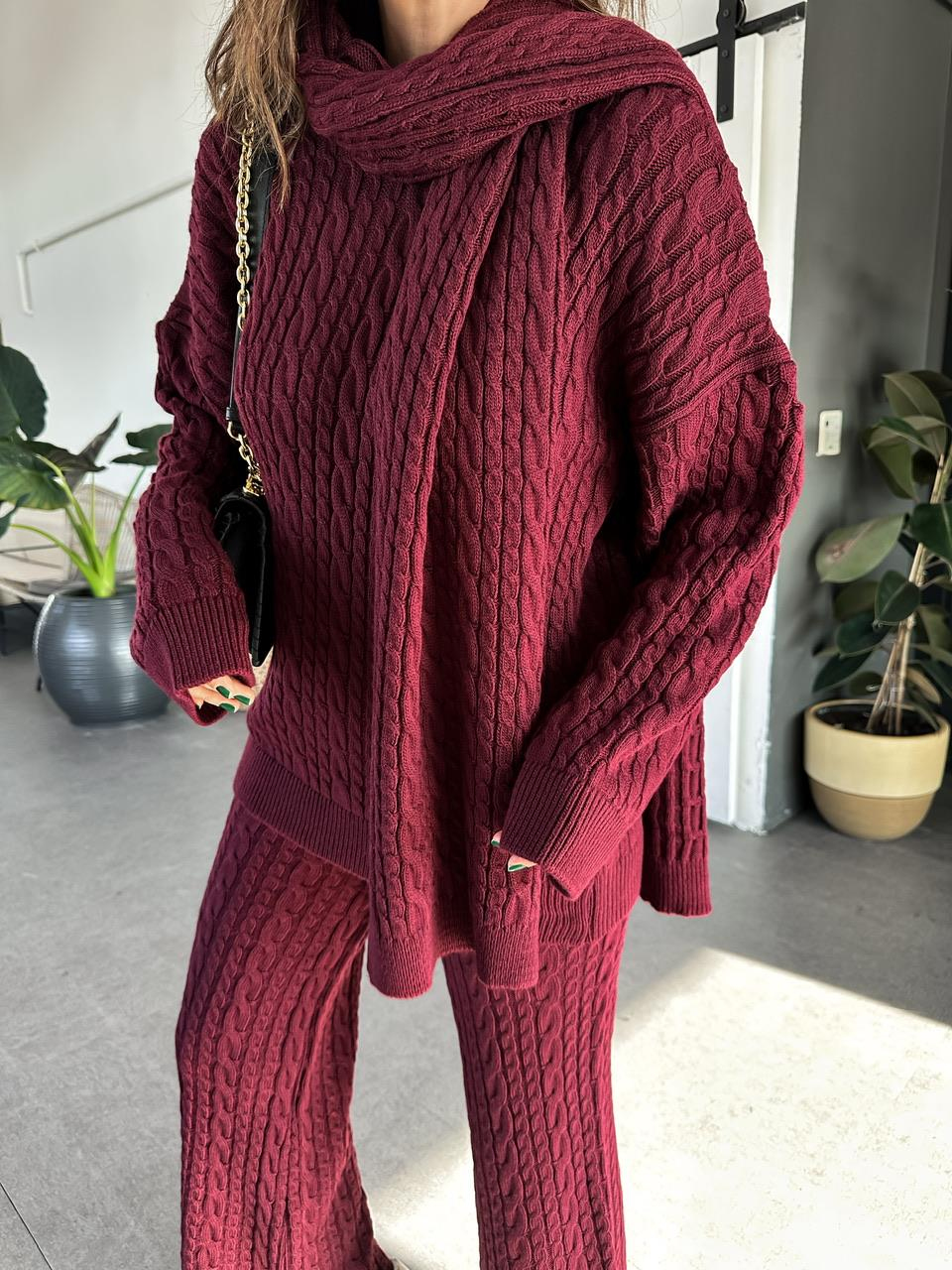 Bordo Saç Örgülü Atkılı Takım