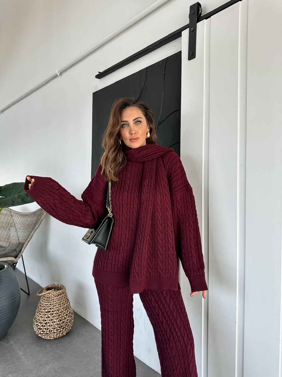 Bordo Saç Örgülü Atkılı Takım