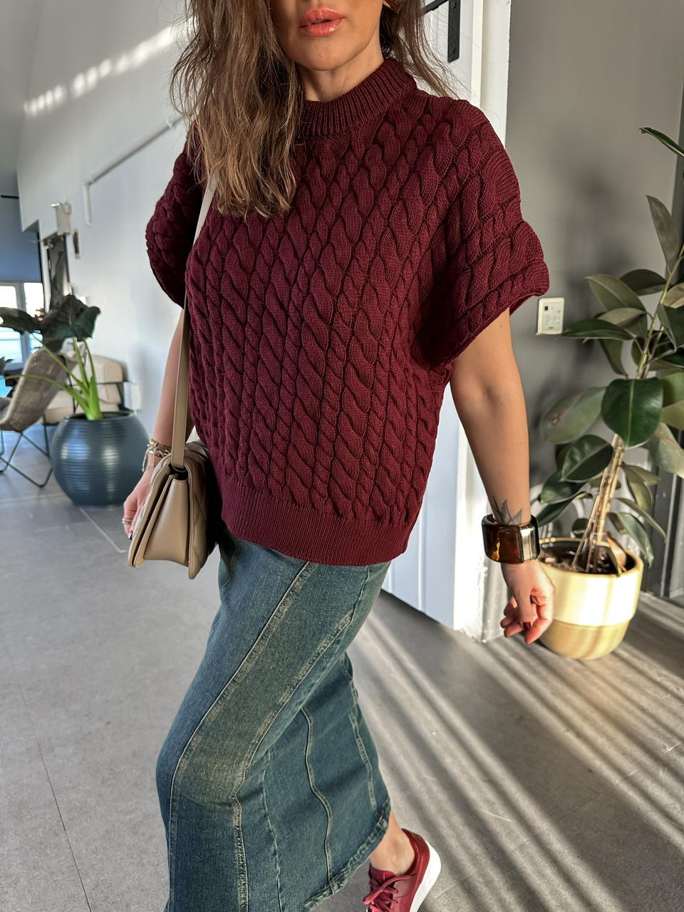 Bordo Saç Örgülü Yarasa Kol Süveter