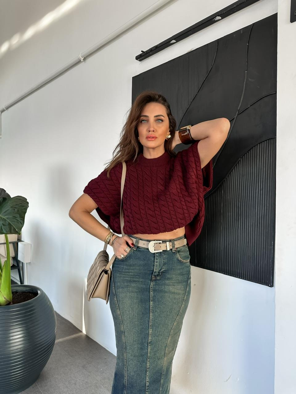 Bordo Saç Örgülü Yarasa Kol Süveter