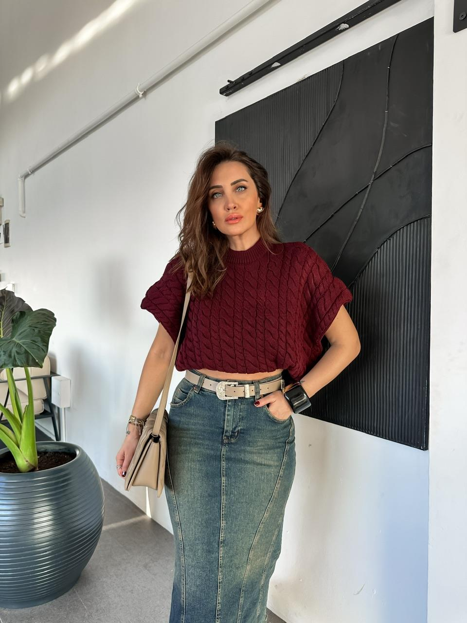 Bordo Saç Örgülü Yarasa Kol Süveter