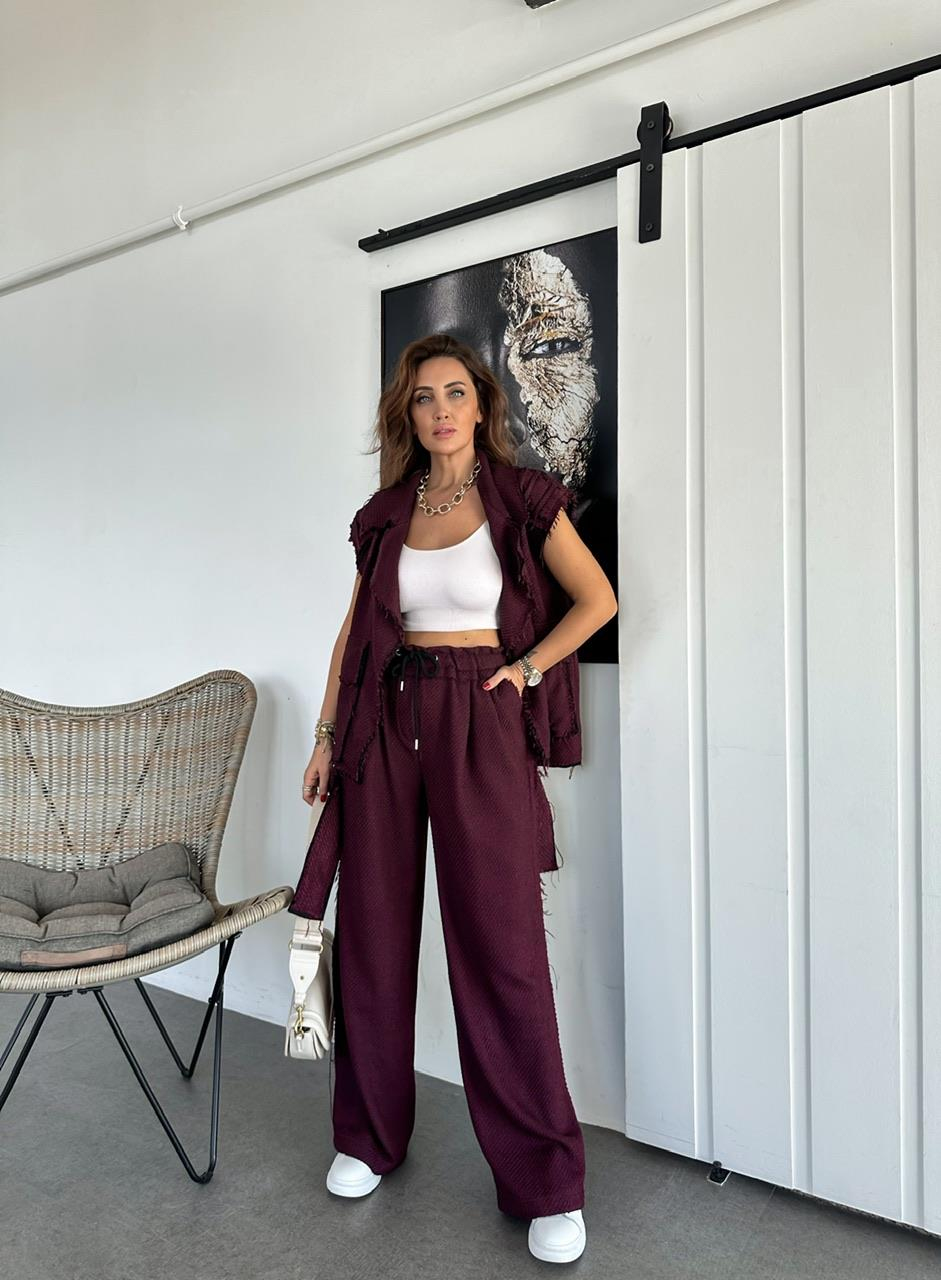 Bordo Sacaklı Yelekli Takım