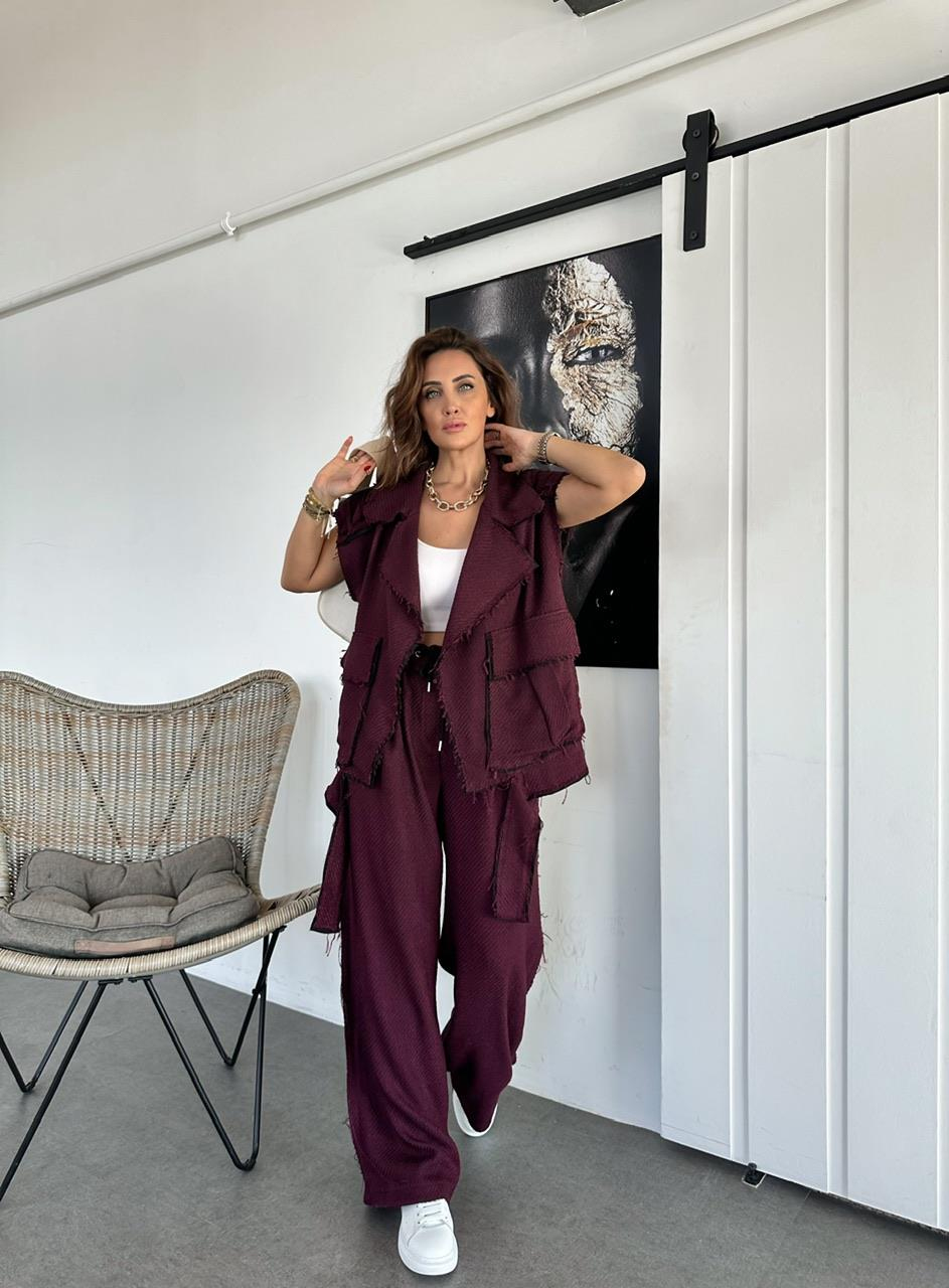 Bordo Sacaklı Yelekli Takım