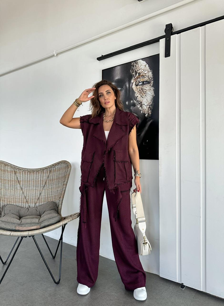 Bordo Sacaklı Yelekli Takım