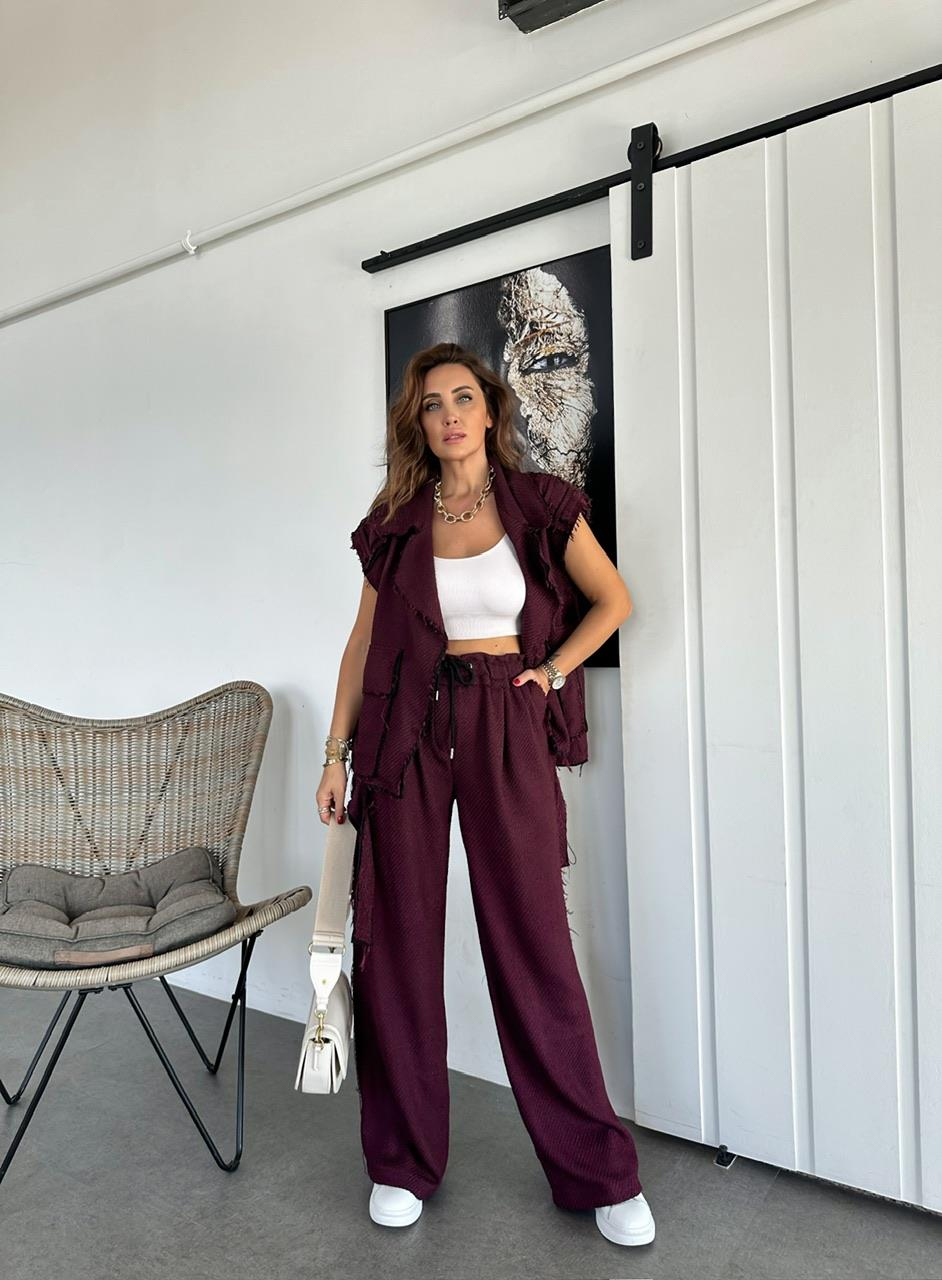 Bordo Sacaklı Yelekli Takım