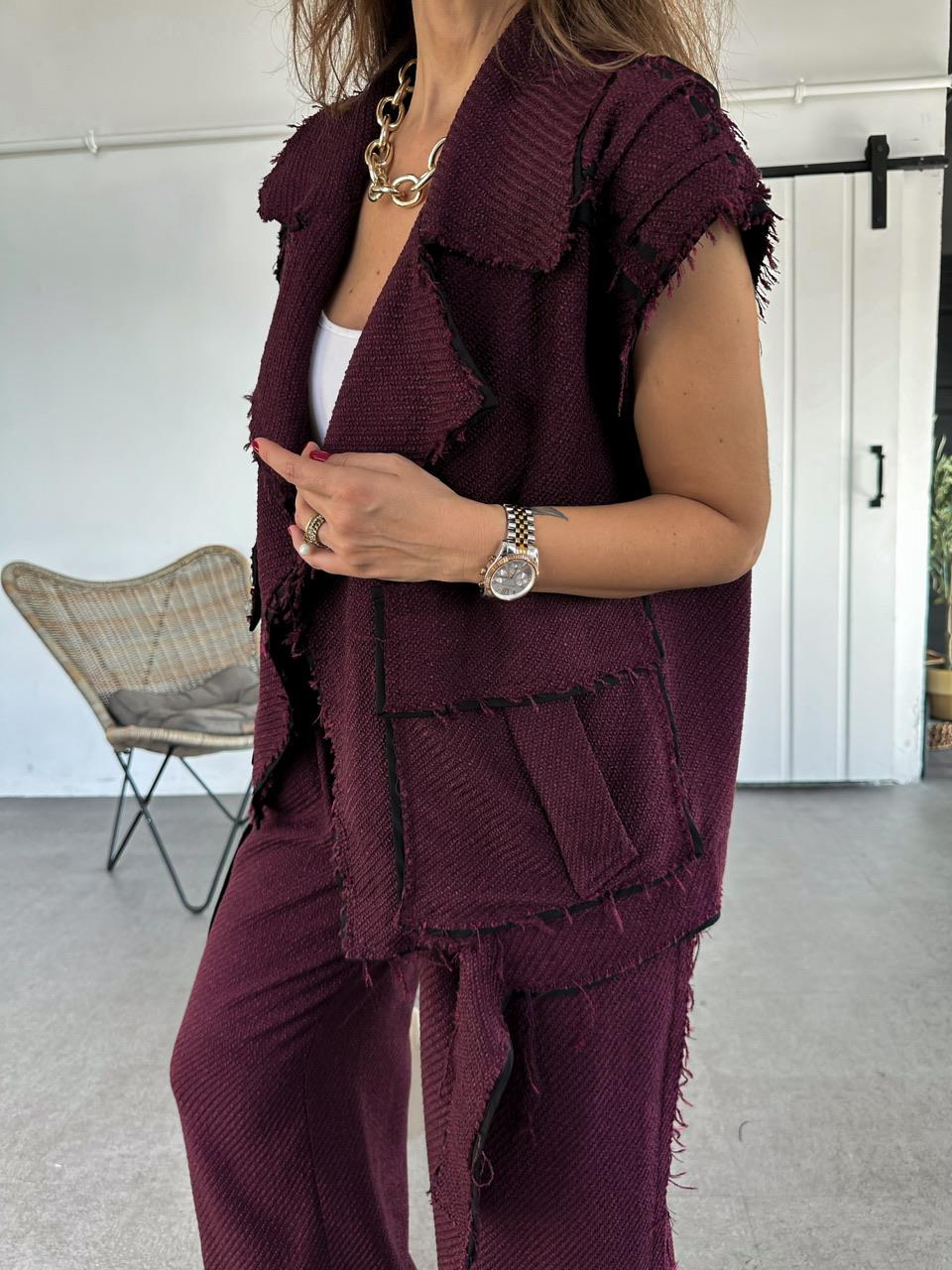 Bordo Sacaklı Yelekli Takım