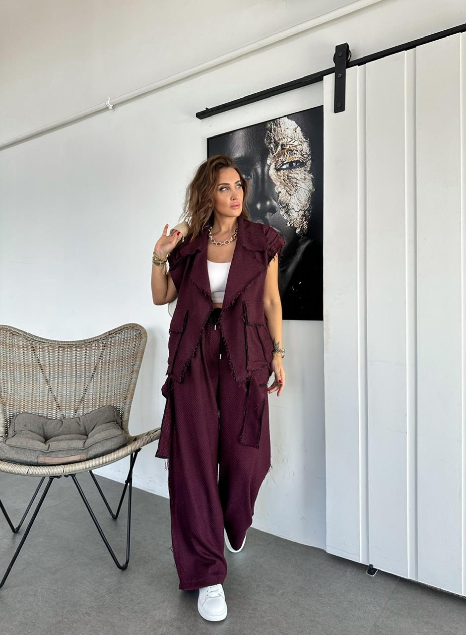 Bordo Sacaklı Yelekli Takım