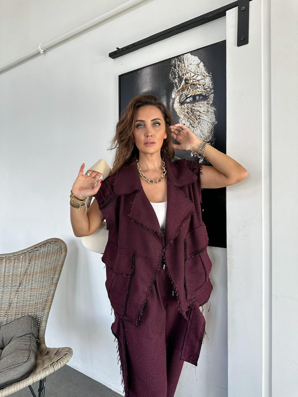 Bordo Sacaklı Yelekli Takım