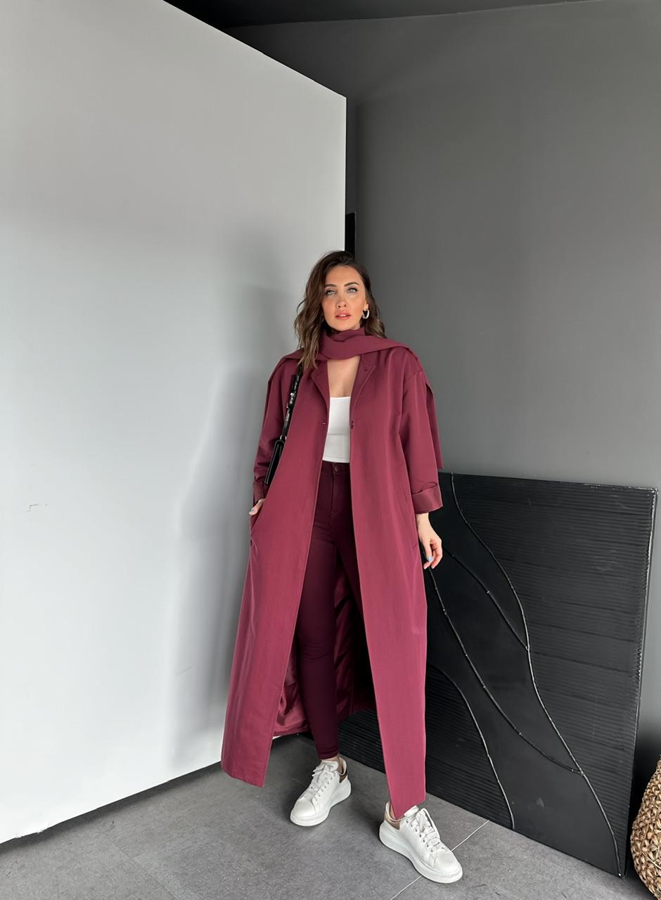 Bordo Şal Aksesuarlı Trençkot 