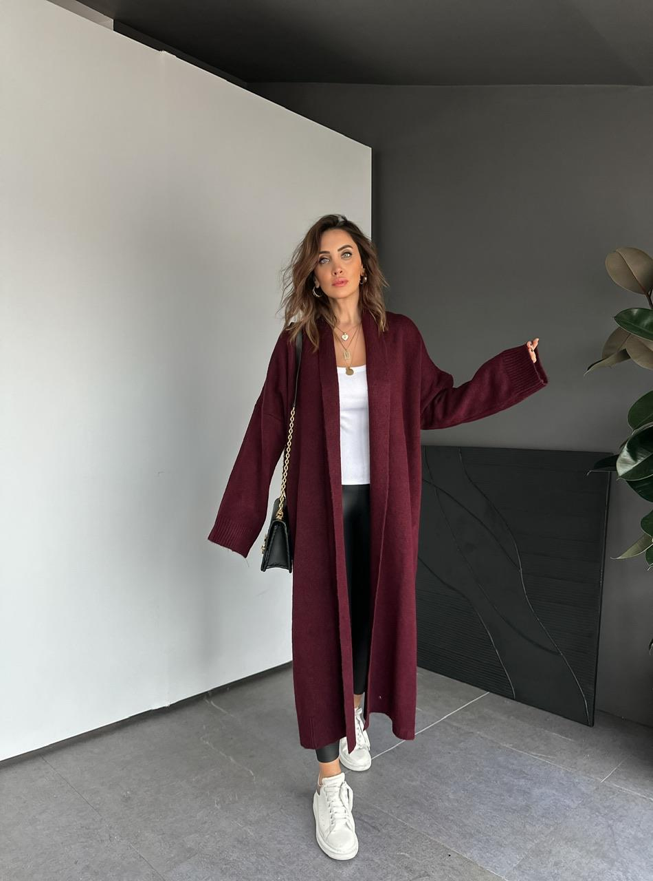 Bordo Şal Yaka Uzun Hırka
