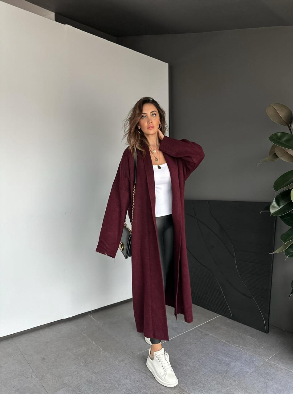 Bordo Şal Yaka Uzun Hırka