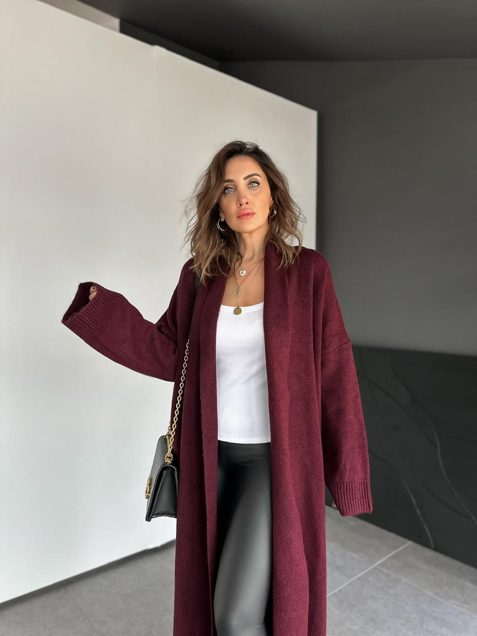 Bordo Şal Yaka Uzun Hırka