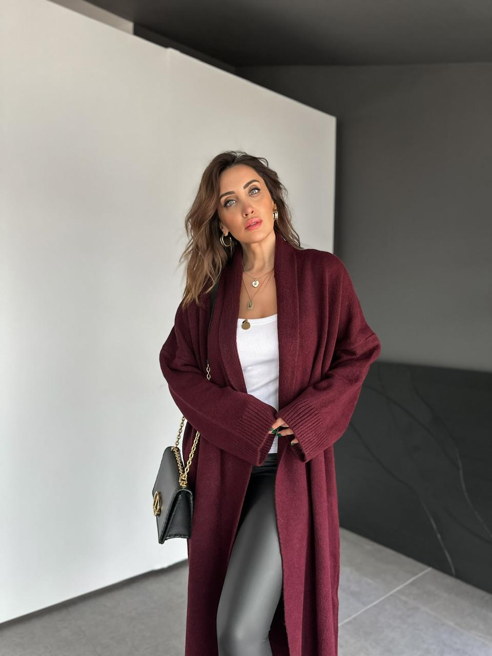 Bordo Şal Yaka Uzun Hırka