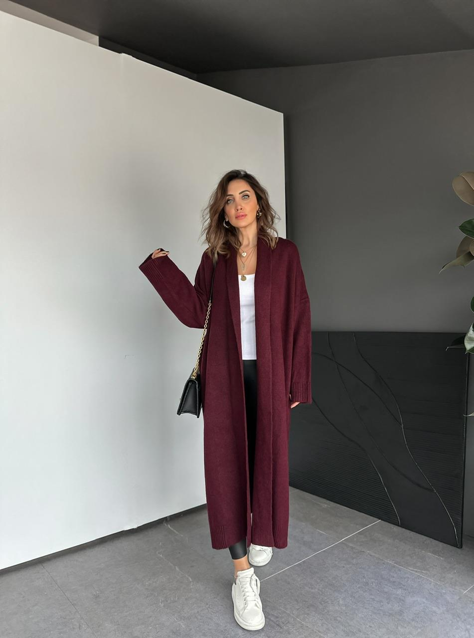 Bordo Şal Yaka Uzun Hırka
