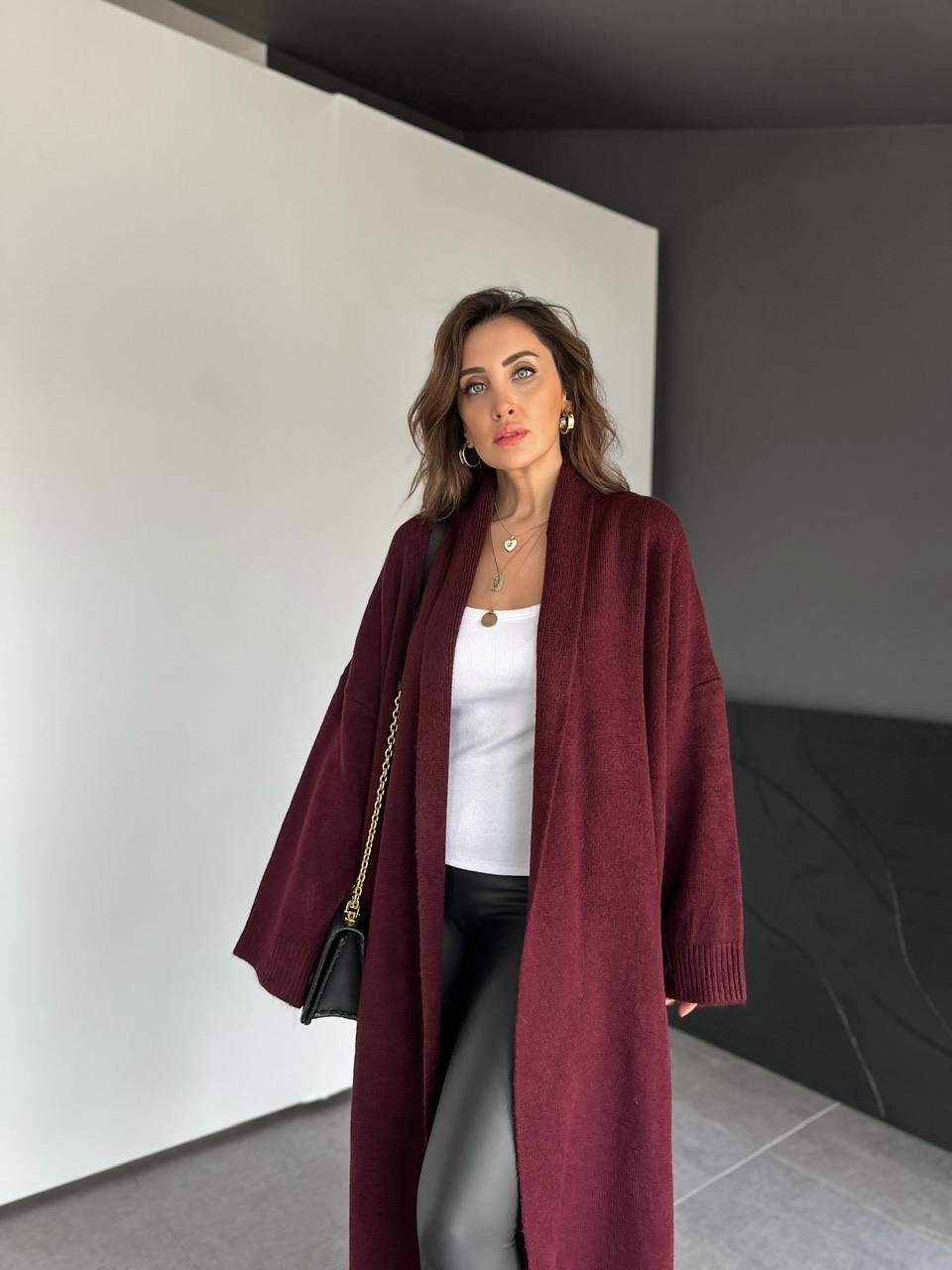 Bordo Şal Yaka Uzun Hırka
