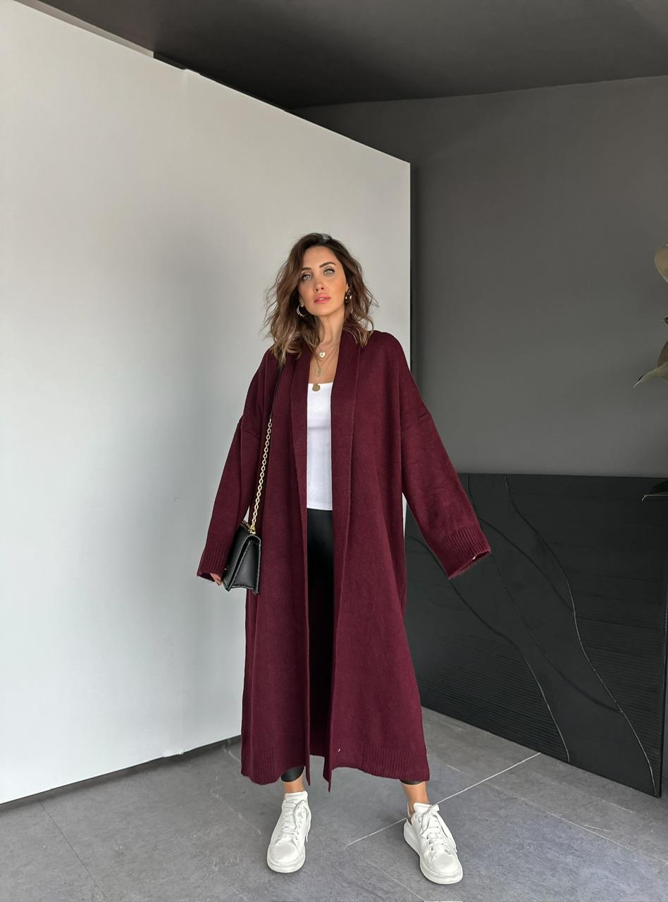 Bordo Şal Yaka Uzun Hırka