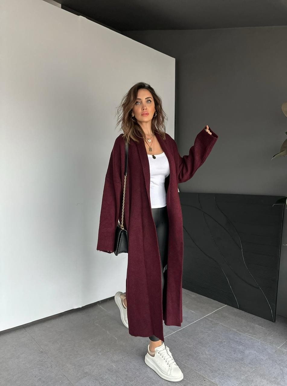 Bordo Şal Yaka Uzun Hırka