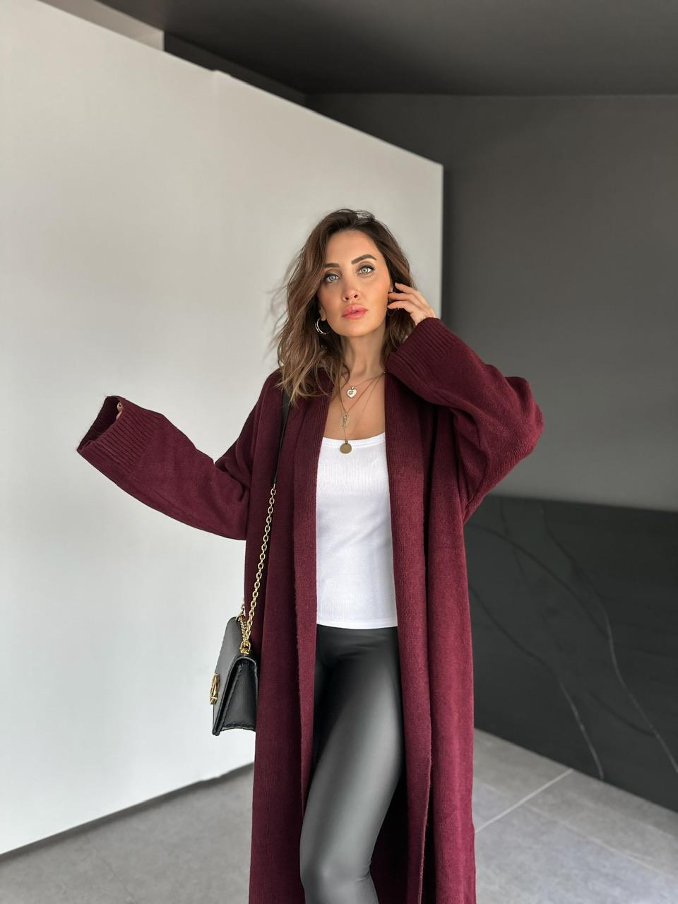 Bordo Şal Yaka Uzun Hırka