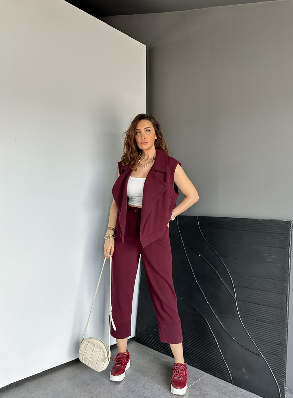 Bordo Şal Yaka Yelekli Keten Takım