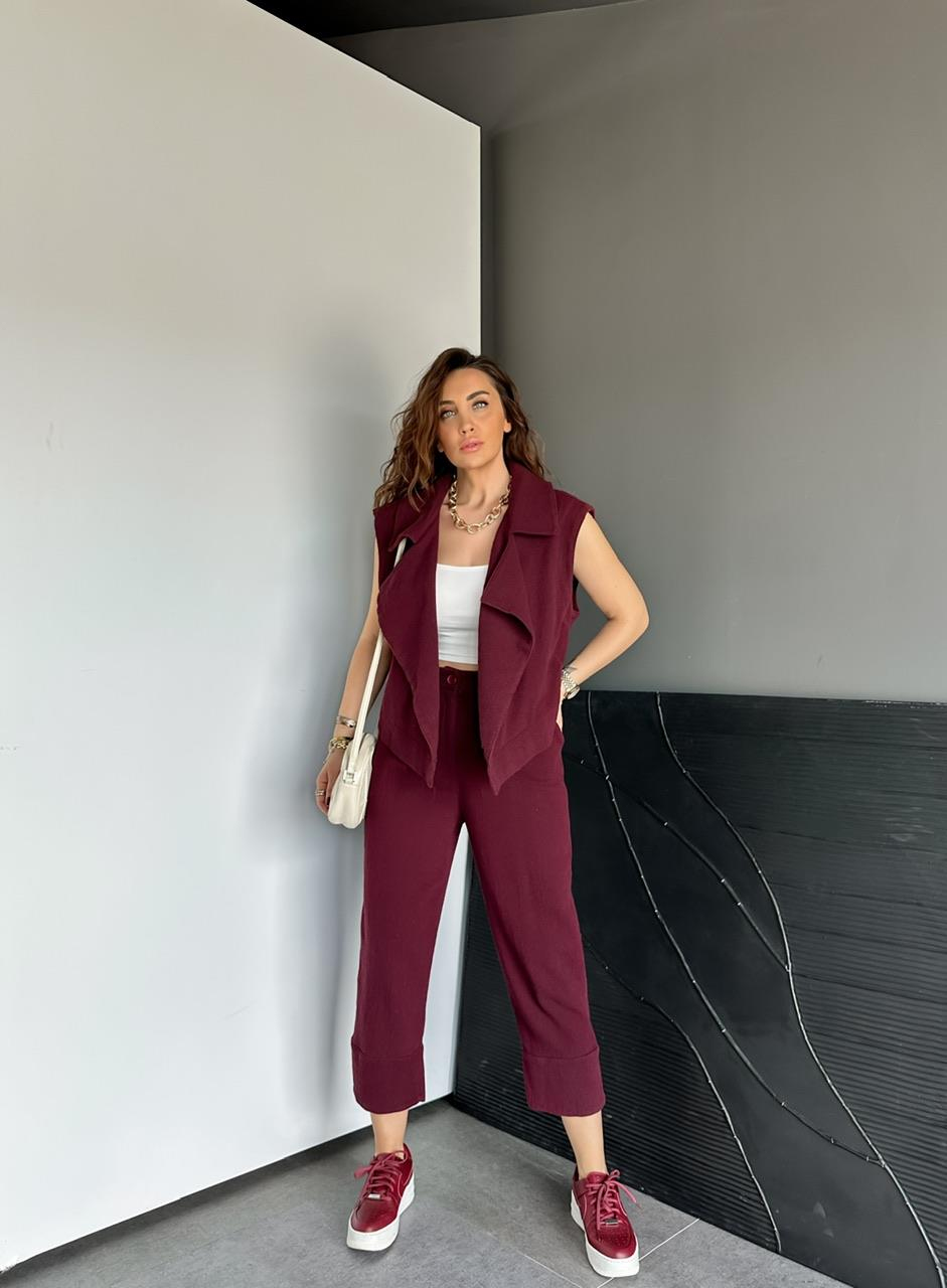 Bordo Şal Yaka Yelekli Keten Takım