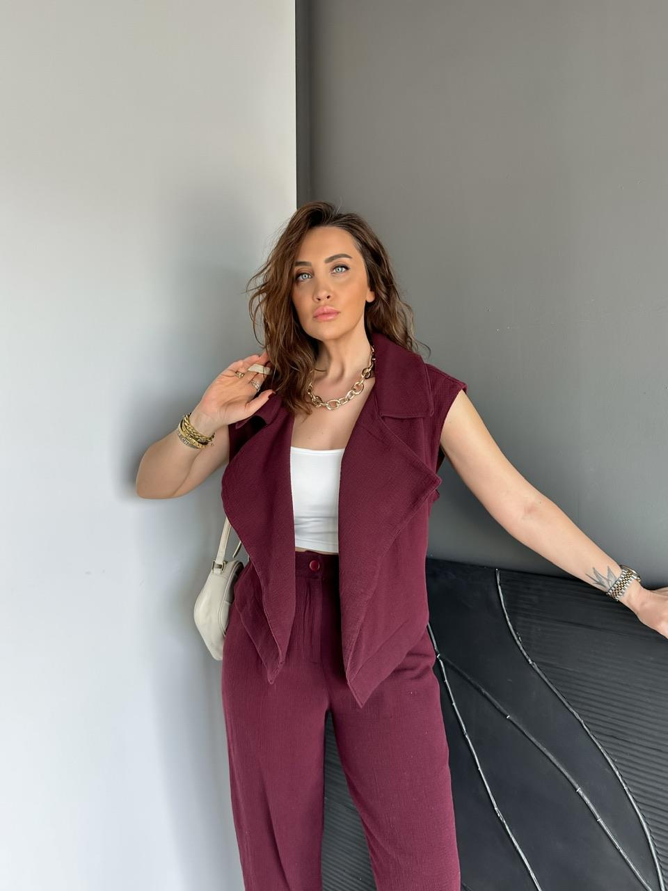 Bordo Şal Yaka Yelekli Keten Takım