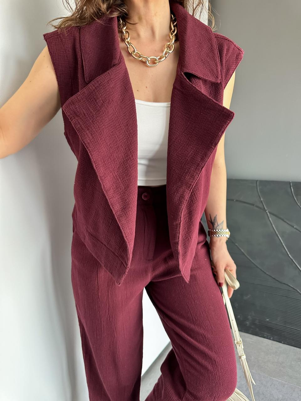 Bordo Şal Yaka Yelekli Keten Takım
