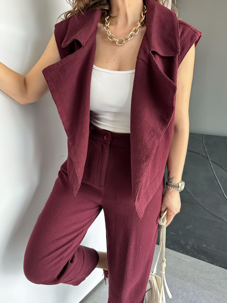 Bordo Şal Yaka Yelekli Keten Takım