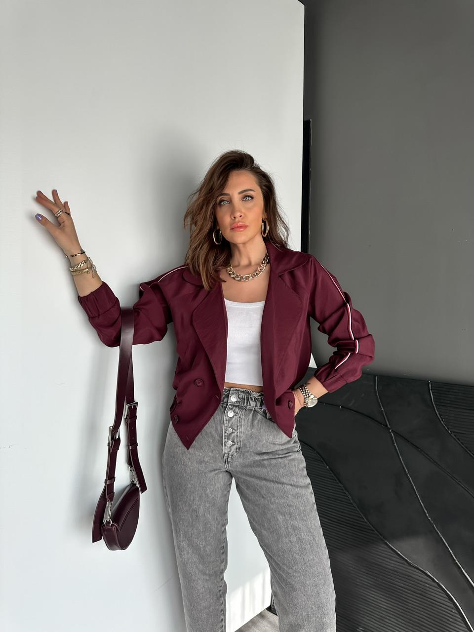 Bordo Şerit Detaylı Kruvaze Ceket