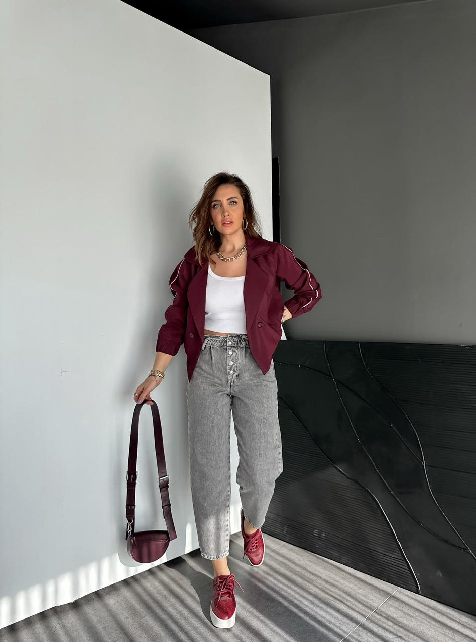 Bordo Şerit Detaylı Kruvaze Ceket