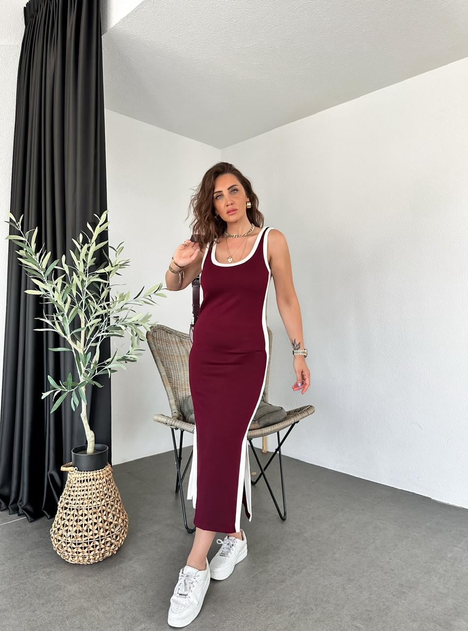 Bordo Şeritli Askılı Coton Elbise