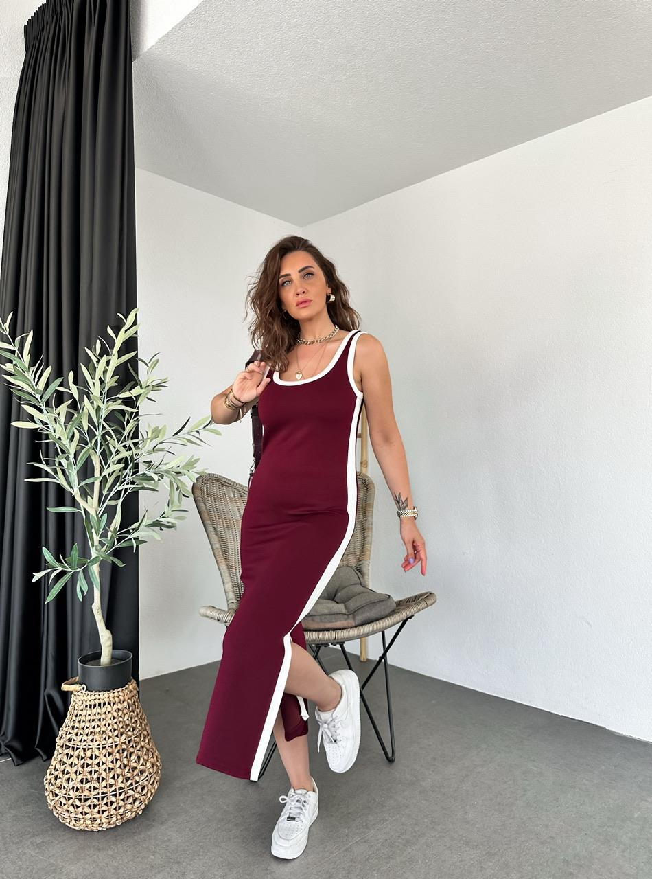 Bordo Şeritli Askılı Coton Elbise